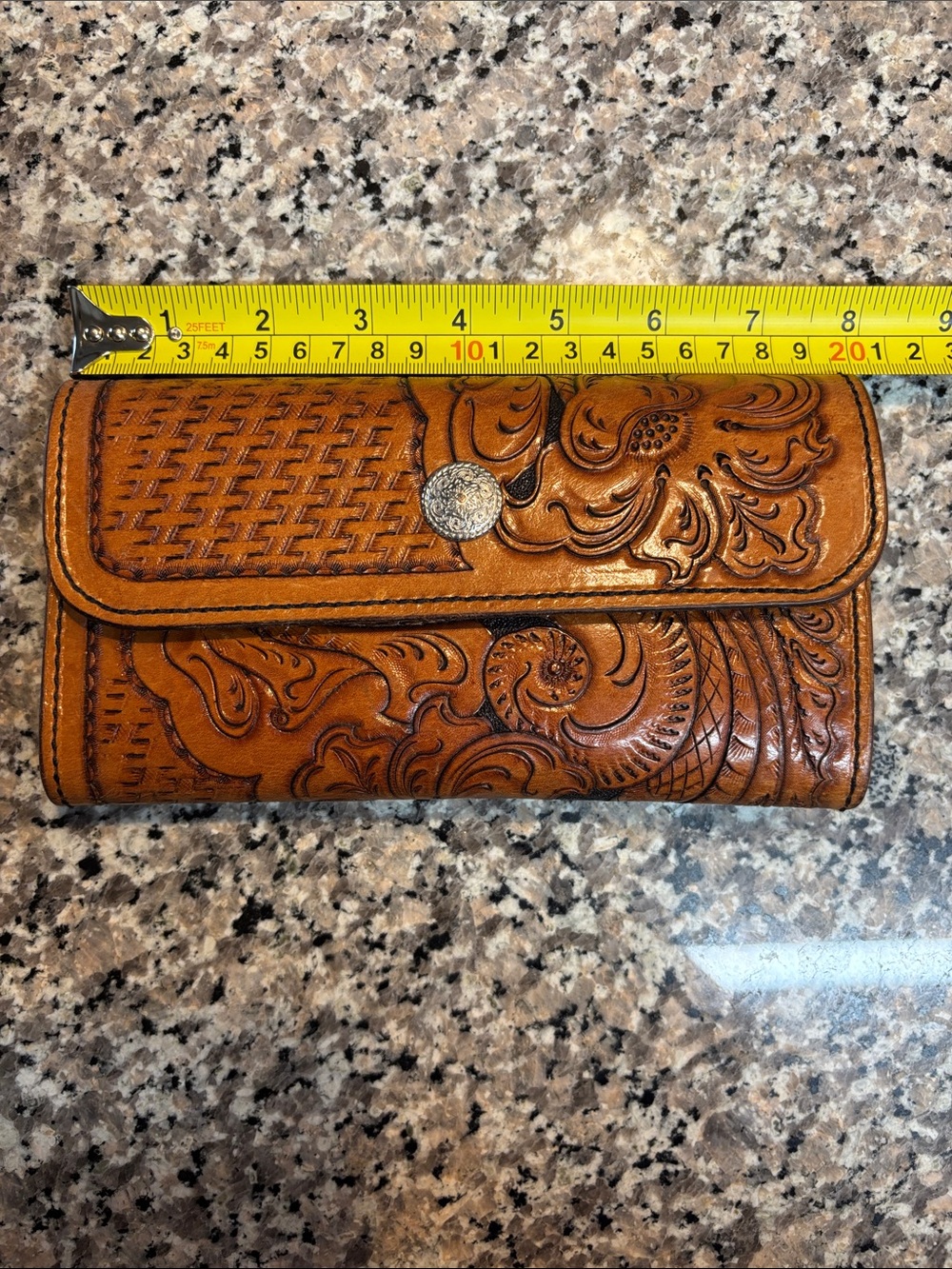 Embossed Floral Tooled Leather Wallet Clutch - Tan